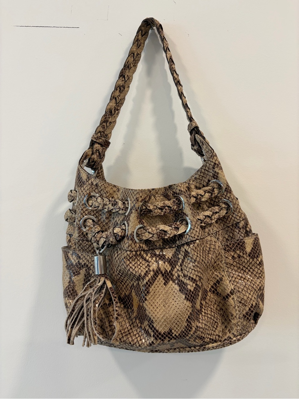 Michael Kors Snakeskin Embossed Leather Hobo Shoulder Bag with Braided Strap